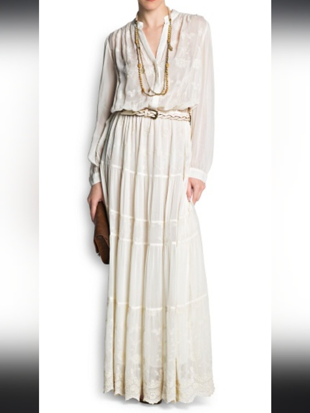Mango Cream Boho Maxi Skirt with Subtle Embroidery